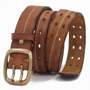 Ceinture en cuir véritable OEM pour hommes, double aiguille, première couche de cuir de vache, boucle en cuivre, design creux, ceintures en cuir de vache - Product Image 5