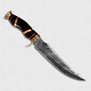 Cuchillo de Camping de Acero de Damasco, Cuchillo de Caza de Hoja Fija con Mango de Cuerno de Toro y Anillos de Latón - Product Image 2