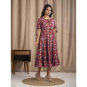 Vestido Casual de Algodón Mulmul Color Granate con Estampado a Mano, Diseño Personalizado, Cintura Natural, Transpirable, Tallas Grandes para XS, Ropa para un Día - Product Image 6