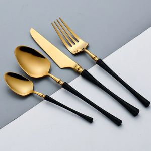 Juego de cubiertos dorados con asas de hueso negro Cuchillo de acero inoxidable Tenedor Cuchara Cubiertos con espejo moderno para hoteles y restaurantes - Product Image 1