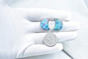 Checkered Mojave Turquoise Aurora Opal <b>Post</b> <b>Earrings</b> in 925 Sterling Silver - Product Image 3