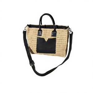 Lady Fashion Bohemian Style Genuine Leather Tote <b>Bag</b> with Black Leather Detail Zipper Closure Cotton Lining MG for <b>Summer</b> - Product Image 5
