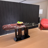 Table à manger ovale moderne et écologique en marbre avec base à double piétement et cadre noir brillant, 10 places