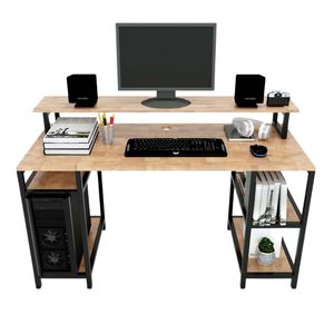 Solid Wood Computer <b>Desk</b> Iron Frame <b>Simple</b> Design Bookshelf Drawer Storage Shelves Rubberwood for Bedroom Application COD68041 - Product Image 1