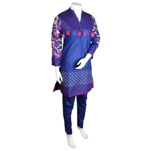 Traje de Algodón de 2 Piezas Bordado para Mujer - Azul - Product Image 4