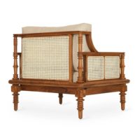 Fauteuil d'appoint en bois design avec revêtement beige et panneaux en rotin pour salon, chambre, salle de séjour et mobilier de maison moderne