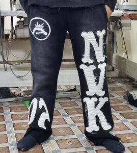 Conjuntos Deportivos de Felpa de Algodón Estampados de Talla Grande con Bordado Desgastado, Pantalones Deportivos Acampanados 100% Algodón/Poliéster/Satén con Lavado Ácido - Product Image 2