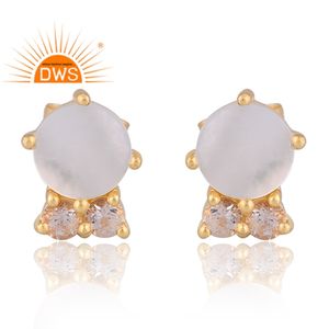 Stylish Design 925 Silver 18K Gold Plated <b>Mother</b> Of Pearl & White Topaz Gemstone Earring For Women Custom Jewelry Supplier - Product Image 1