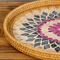 Plateau de service de décoration rustique écologique du Vietnam, plateau en rotin en nacre, panier en rotin rond en coquille, plateau tissé