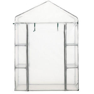 Serre de jardin moderne blanche 140x73x200cm avec étagères, facilement assemblable, en polycarbonate et bois traité sous pression pour la croissance des plantes d'intérieur - Product Image 4