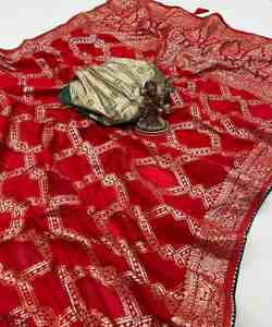 Banarasi ชุดส่าหรีผ้าไหมผ้าแจ็คการ์ดสำหรับสตรีใส่ในงานเทศกาลปาร์ตี้ทุกวัน - Product Image 3