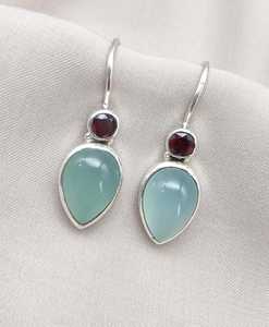 Pendientes Colgantes de Calcedonia Acuática y Granate, Plata de Ley 925, Joyería con Piedras Preciosas, Pendientes Minimalistas Hechos a Mano - Product Image 3