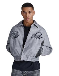 Veste d'hiver écologique imperméable en cuir véritable vintage gris pour homme | Bomber surdimensionné brodé | Streetwear recadrée - Product Image 1