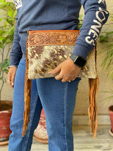 Stylish Vintage Women's Hand Tooled Fur Leather Fringe Crossbody Shoulder Bag Fashionable Handmade Carved Tooling Zipper <b>Nylon</b> - Product Image 2