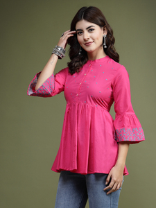 Haut d'été en coton à manches longues et col rond, imprimé floral, coupe trapèze, pour femme, personnalisé, vente en gros, dernière collection, OEM en vrac - Product Image 2