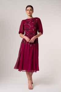 ชุดเดรสสีแดงเข้มชุดราตรียาวครึ่งแขนขนาดใหญ่พิเศษชุดเดรสออกงานปักลายคอกลมสำหรับงาน - Product Image 4