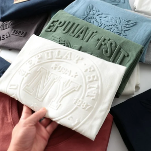 เสื้อยืดผู้ชายทรงโอเวอร์ไซส์ แขนสั้น ไหล่ตก สีเทาหนา ผ้าหนังกลับ  แบบเรียบ  งานคัสตอม  พร้อมลายนูน - Product Image 1