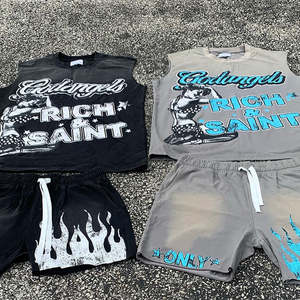 Vintage Summer Street Custom Clothing <b>Men</b> Spandex/Cotton <b>Fleece</b> Plain Dyed <b>Vest</b> Shorts Set Heat-Transfer Printed Breathable - Product Image 4