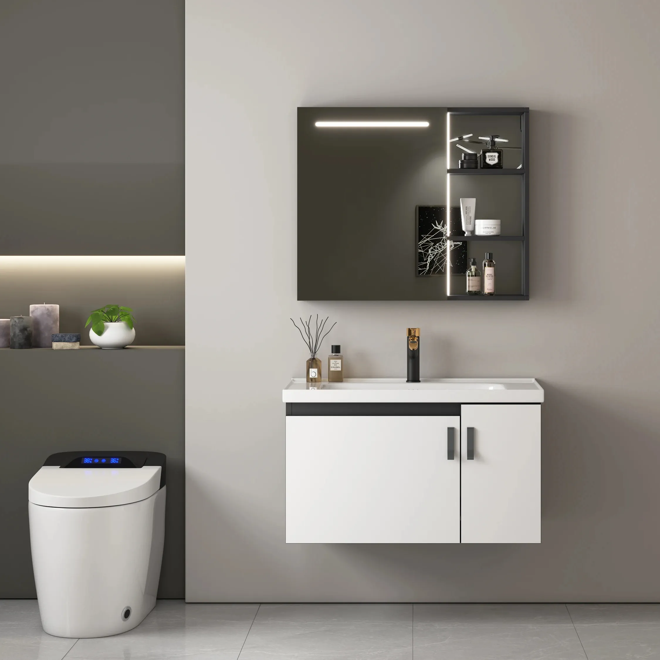 Ensemble de meuble de lavabo de salle de bain meubles en aluminium L800mm Rectangle moderne en ligne Support technique Vanity Combo Tora