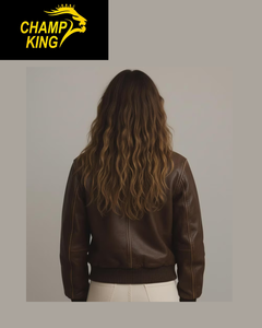 Veste de motard en cuir d'agneau brun foncé pour femme, veste bomber de style aviateur vintage - Product Image 5