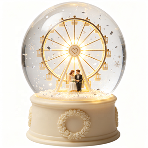 Globe à neige de mariage en forme de grande roue avec lumière LED, figurines mariés, flocons de neige argentés, confettis, couronne de laurier, en résine peinte à la main - Product Image 2