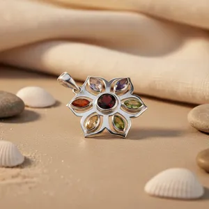 Pendentif fleur chakra en argent 925 pour femmes, bijoux religieux faits à la main avec pierres précieuses, diamant et perle, cadeau parfait - Product Image 1