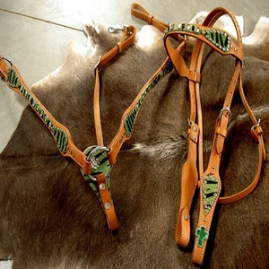 Set di stalla e colletto con testa occidentale con redini di alta qualità nuova punta di Design con stampa zebrata <span class=keywords><strong>verde</strong></span> Set di puntine per cavalli - Product Image 6