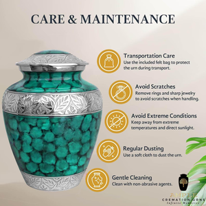 Urna decorativa de latón verde y plateado con grabado de hojas Memorial hecho a mano o tarro de acento para el hogar Jarrón de recuerdo elegante - Product Image 5