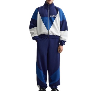 High Quality Color Block Oversized Breathable Zipper Tracksuit New <b>Navy</b> Blue Tracksuit for <b>Men's</b> Thick Cotton Custom Logo Sets - Product Image 1