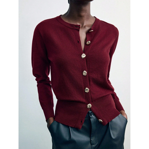 Cardigan en laine à col rond avec boutons dorés, bleu marine, pull pour femme, taille XS, doux pour la peau - Product Image 4