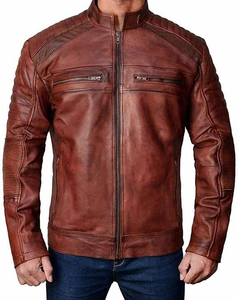 Custom Logo Men's Autumn Genuine Leather Vintage Stand Collar <b>Sherpa</b> <b>Lined</b> <b>Jacket</b> with Front Logo DDP Shipping - Product Image 6