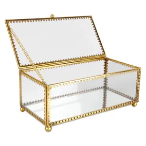 Kotak perhiasan kaca Display penyimpanan dengan kotak kaca laci jendela kaca Tempered antik cermin perhiasan kotak perhiasan emas bening