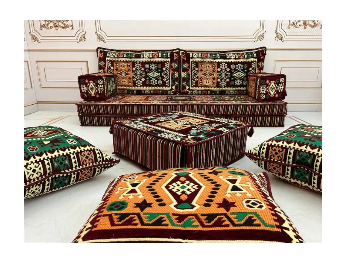 Arabic Floor Sofa Living Room Full Sets - 190cm / 6feet / 75 inch - 1 Set Of 11 pcs - Covers + Sponge