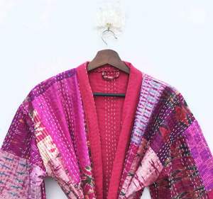 Elegant Boho Gift Quirky <b>Silk</b> Kantha Cotton Long Length Patchwork Reversible <b>Kimono</b> <b>Jacket</b> Unisex Robes Handmade Casual Dresses - Product Image 3