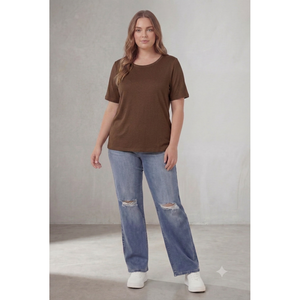 T-shirt en coton couleur café à col rond, taille plus - Product Image 4