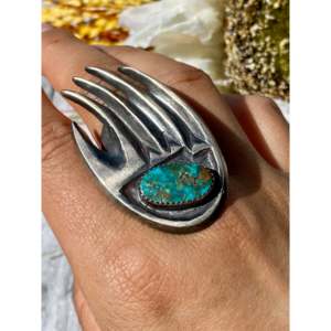 Royston Turquoise Sterling <b>Silver</b> Bear Claw <b>Ring</b> Navajo Made Size 10.25 Bezel Setting <b>Boho</b> Marquise Fine Jewelry Everyday Wear - Product Image 2