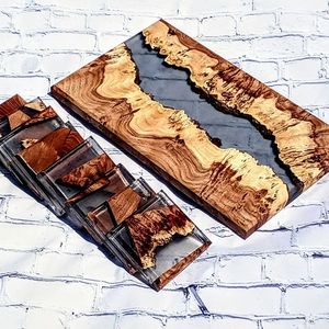 Juego de posavasos de resina epoxi de calidad DECROVTED con efecto océano decorativo cuadrado redondo posavasos de resina de madera epoxi de Craftsy Home - Product Image 1