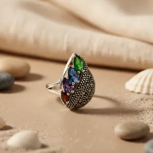 Bague de cocktail pour femme Art Palace en argent 925, sertie de cristaux et strass taille marquise, style bohème, forme goutte d'eau, pour soirée - Product Image 2