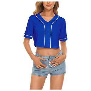 Women Baseball <b>Crop</b> Jersey V Neck Short Sleeve Sports <b>Top</b> Contrast <b>Stripe</b> Casual Teamwear - Product Image 5