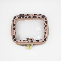 Pochette cosmétique transparente en PVC avec logo personnalisé et bordure léopard, étui de rangement élégant et étanche avec fermeture éclair pour maquillage et articles de toilette de voyage