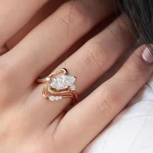 1.50CTW อี VS1มาคีส์แหวนหมั้นเพชรที่โตแล้ว14K ก้านโค้งสีทองของขวัญครบรอบปีโบราณสำหรับเธอ - Product Image 4