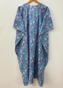 Bleu ciel Floral bloc imprimé Caftan longue courte coton robe de nuit Bikini couverture pour femmes parole longueur Maxi robe lavable décontracté - Product Image 3