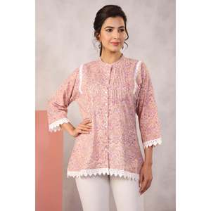 Kurta Corta Beige con Estampado a Mano para Mujer - Product Image 2