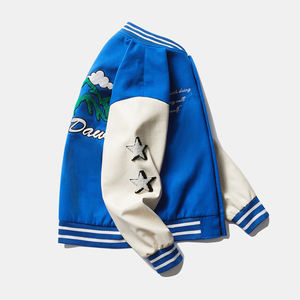 แจ็กเก็ตเบสบอลมีตัวอักษรแบบสั่งทำสำหรับผู้ชายผ้าแคนวาสแขนเสื้อหนังปักลายโลโก้ด้านหน้า - Product Image 2