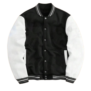 เสื้อแจ็กเก็ตเบสบอลที่ได้แรงบันดาลใจมาจากวิทยาลัยสมัยใหม่ผ้าขนสัตว์สีดำมีฮู้ดแขนสีขาวระบายอากาศได้แนวสตรีท - Product Image 1