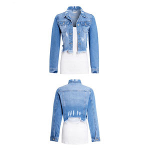 Veste en jean courte de style européen pour femmes, décontractée, unie, délavée à l'acide, avec dentelle contrastée, printemps automne, trou incrusté de diamants - Product Image 1