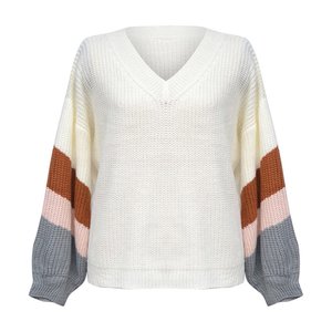 เสื้อสเวตเตอร์ขนสัตว์/อะคริลิคหนาลายทางลำลองของผู้หญิงสำหรับฤดูหนาวแขนเสื้อคอวีและรูปหัวใจ - Product Image 3