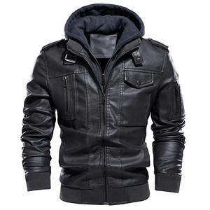Hombre invierno grueso cálido Vintage cuello con capucha Club Bomber abrigos de cuero chaqueta de motocicleta hombres Casual PU chaquetas de cuero - Product Image 3