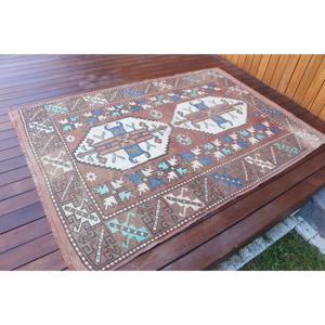 Vintage Rug, 4.4x6.3 ft Area Rug, <b>Brown</b> Blue <b>Wool</b> Rug - Product Image 2