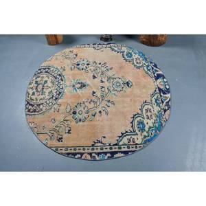 Tapis turc Vintage Beige Bleu 4.9 X 4.9ft Laine Patchwork Plat Armure pour Adolescent Salon Décorations avec Support en Latex - Product Image 3